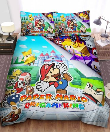 Cozy Paper Mario Origami King Bedding Set - Vibrant Gamer'S Dream For Kids & Fans