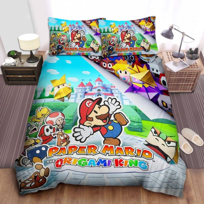 Cozy Paper Mario Origami King Bedding Set - Vibrant Gamer'S Dream For Kids & Fans