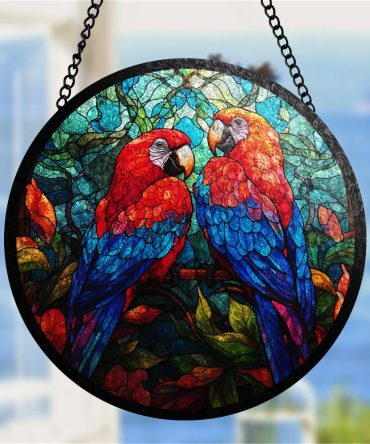 Vibrant Tropical Parrot Stained Glass Window Hanging - Handcrafted Art Decor