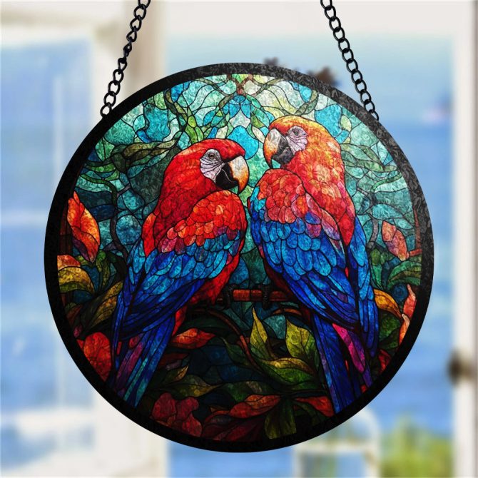 Vibrant Tropical Parrot Stained Glass Window Hanging - Handcrafted Art Decor