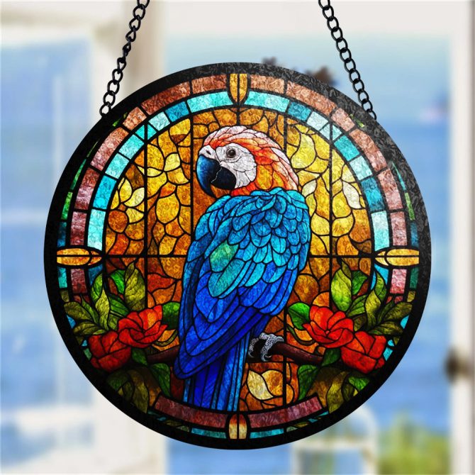 Vibrant Parrot Stained Glass Window Hanging - Handcrafted Sun Catcher Art Decor