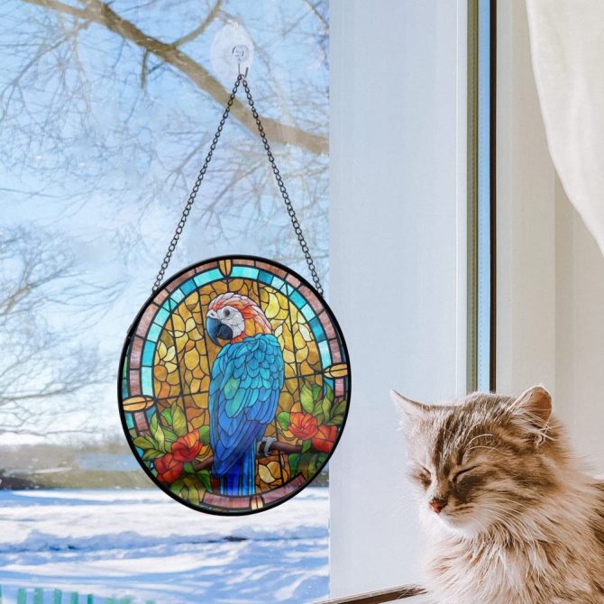 Vibrant Parrot Stained Glass Window Hanging - Handcrafted Sun Catcher Art Decor - Image 2