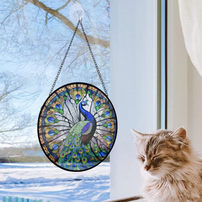 Stunning Peacock Stained Glass Window Panel - Vibrant Home Decor Art Piece, 16-Inch Round Suncatcher - Image 5
