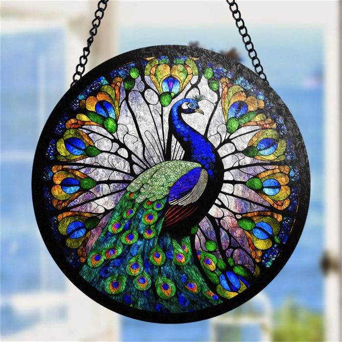 Stunning Peacock Stained Glass Window Panel - Vibrant Home Decor Art Piece, 16-Inch Round Suncatcher - Image 4