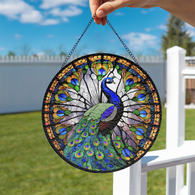 Stunning Peacock Stained Glass Window Panel - Vibrant Home Decor Art Piece, 16-Inch Round Suncatcher - Image 3