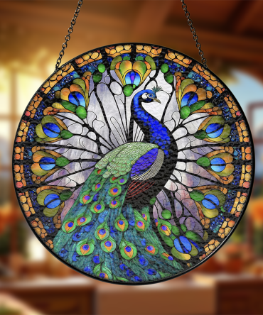 Stunning Peacock Stained Glass Window Panel - Vibrant Home Decor Art Piece, 16-Inch Round Suncatcher