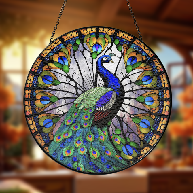 Stunning Peacock Stained Glass Window Panel - Vibrant Home Decor Art Piece, 16-Inch Round Suncatcher