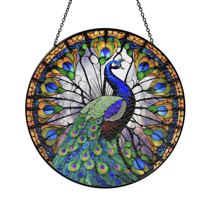 Stunning Peacock Stained Glass Window Panel - Vibrant Home Decor Art Piece, 16-Inch Round Suncatcher - Image 2