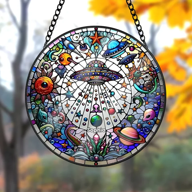 Aliens UFO Colorful Cosmic Stained Glass Suncatcher - Unique Ufo & Planet Design For Home Decor - Image 2