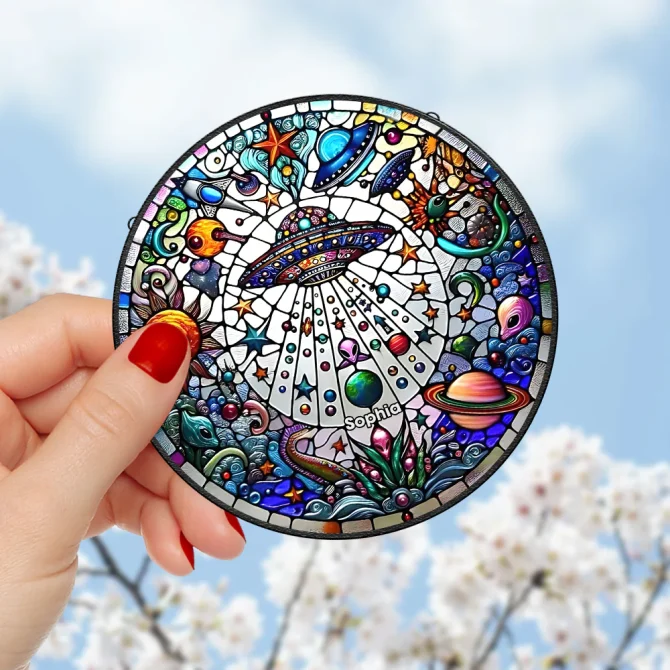 Aliens UFO Colorful Cosmic Stained Glass Suncatcher - Unique Ufo & Planet Design For Home Decor - Image 3