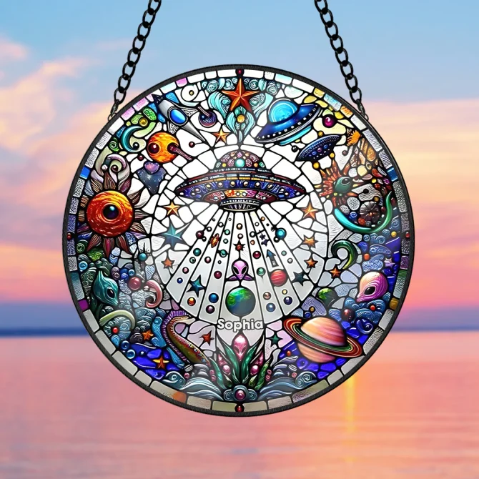 Aliens UFO Colorful Cosmic Stained Glass Suncatcher - Unique Ufo & Planet Design For Home Decor - Image 4