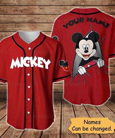 Customizable Mickey Baseball Jersey - Personalized Name, Red, Fun Disney Design