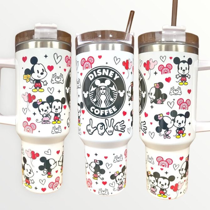 Disney Coffee Tumbler - Cute Mickey & Minnie Mouse Design, Stainless Steel, 20Oz Travel Mug