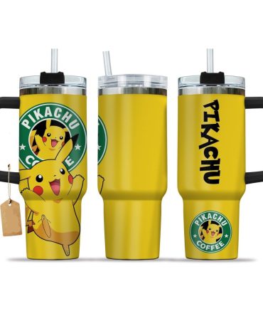 Catch 'Em All Pikachu Travel Mug - Insulated Coffee Tumbler With Handle & Straw - 40Oz