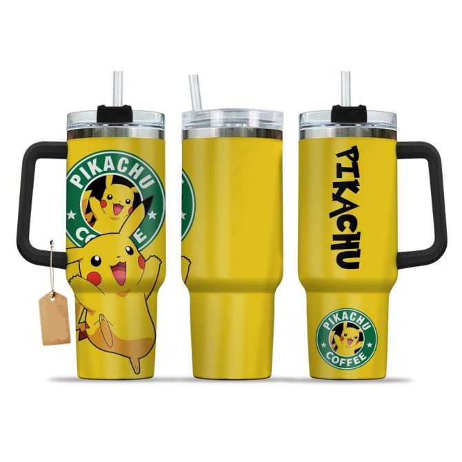 Catch 'Em All Pikachu Travel Mug - Insulated Coffee Tumbler With Handle & Straw - 40Oz