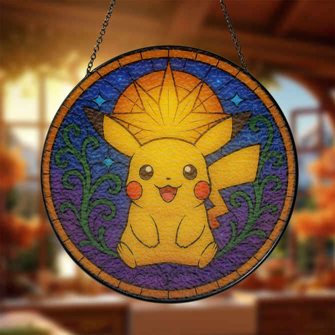 Charming Pikachu Stained Glass Sun Catcher - Vibrant Window Decor For Pokémon Fans