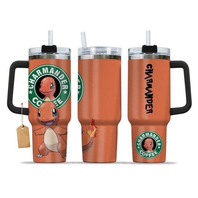 Charmander Coffee Travel Mug - Insulated Stainless Steel Tumbler With Handle & Straw - Perfect Gift For Fans