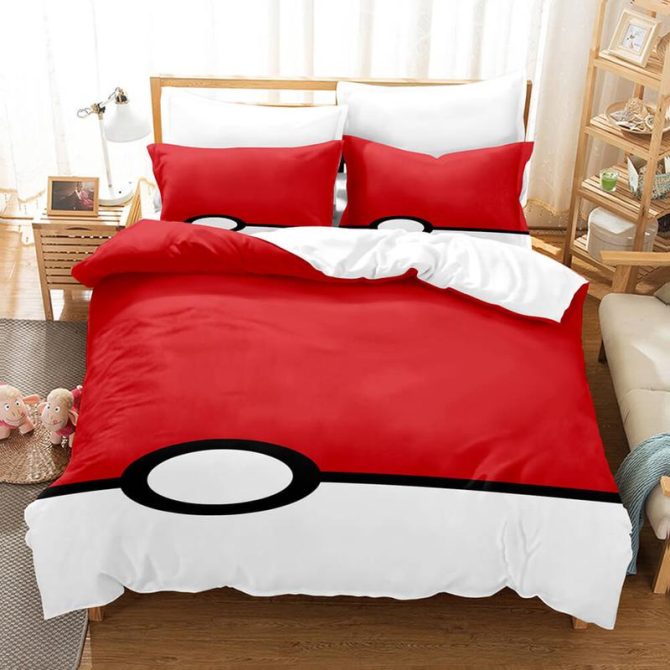 Catch 'Em All Bed Set - Red & White Pokeball Inspired Duvet Cover With Pillowcases - Twin/Full/Queen