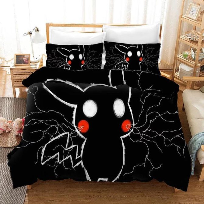 Electric Black Anime Bedding Set - Lightning Design Comforter & Pillowcases For Kids & Teens