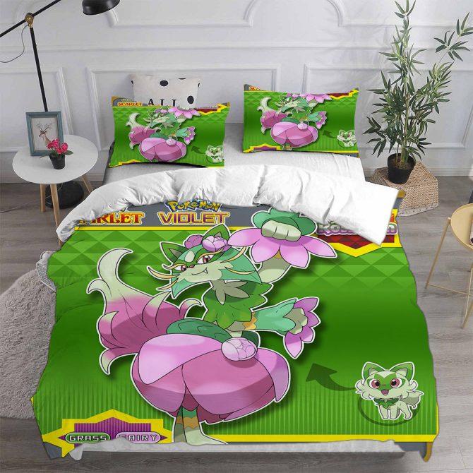 Vibrant Pokémon Scarlet & Violet Bed Set - Grass Fairy Design - Cozy & Fun Bedding For Fans