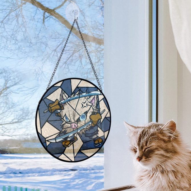 Unique Anime-Inspired Stained Glass Art - Dual Sword-Wielding Warrior Cat Design - Image 4
