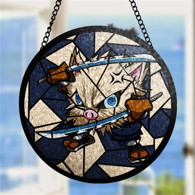 Unique Anime-Inspired Stained Glass Art - Dual Sword-Wielding Warrior Cat Design - Image 3
