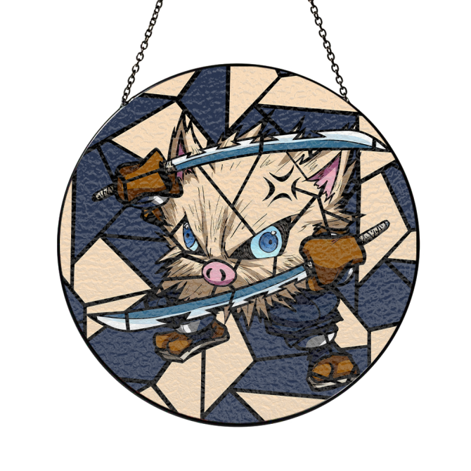 Unique Anime-Inspired Stained Glass Art - Dual Sword-Wielding Warrior Cat Design - Image 2