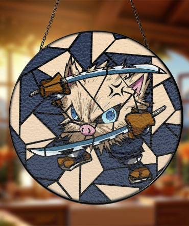 Unique Anime-Inspired Stained Glass Art - Dual Sword-Wielding Warrior Cat Design