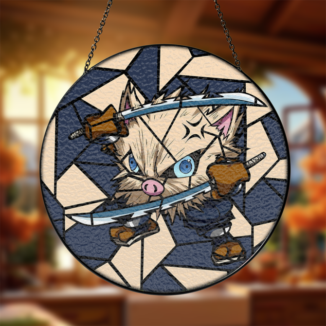 Unique Anime-Inspired Stained Glass Art - Dual Sword-Wielding Warrior Cat Design