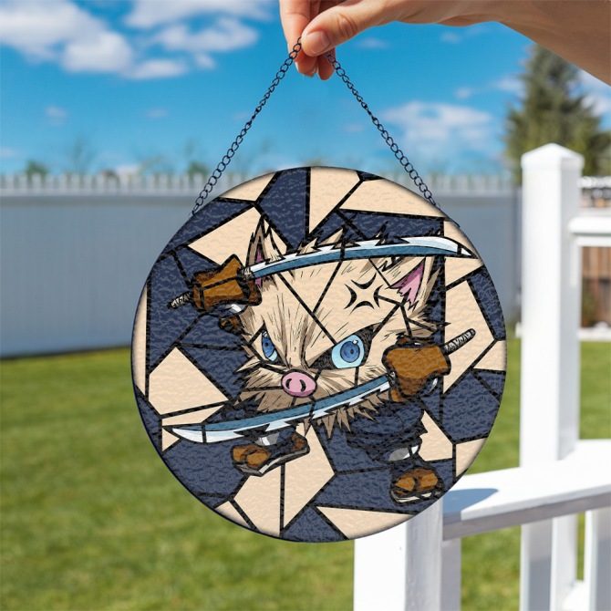 Unique Anime-Inspired Stained Glass Art - Dual Sword-Wielding Warrior Cat Design - Image 5
