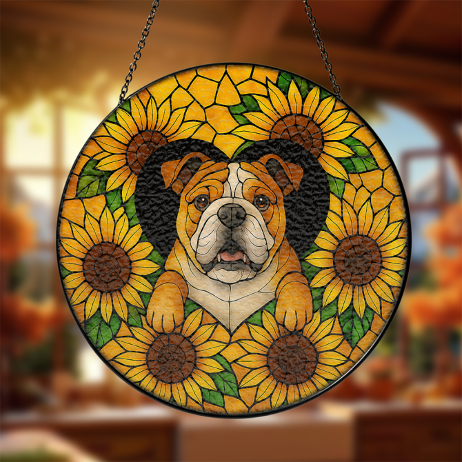 Charming Bulldog & Sunflower Stained Glass Suncatcher - Perfect Home Decor Accent