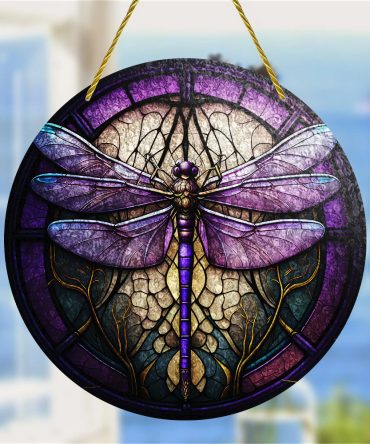 Stunning Dragonfly Stained Glass Window Hanging - Vibrant Purple Art Decor For Home & Garden