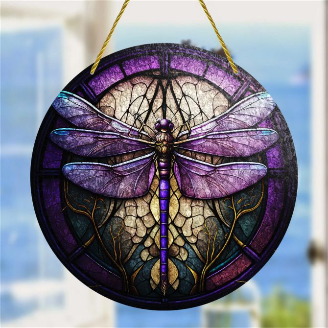 Stunning Dragonfly Stained Glass Window Hanging - Vibrant Purple Art Decor For Home & Garden