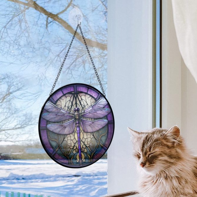 Stunning Dragonfly Stained Glass Window Hanging - Vibrant Purple Art Decor For Home & Garden - Image 2