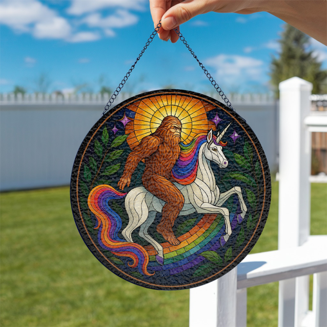 Magical Bigfoot & Unicorn Stained Glass Suncatcher - Fantasy Art Decor For Home Or Garden - Image 2