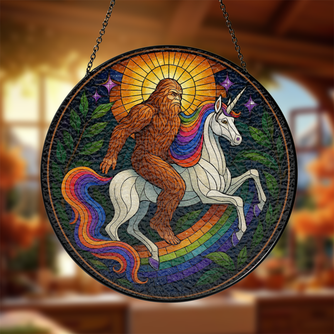 Magical Bigfoot & Unicorn Stained Glass Suncatcher - Fantasy Art Decor For Home Or Garden