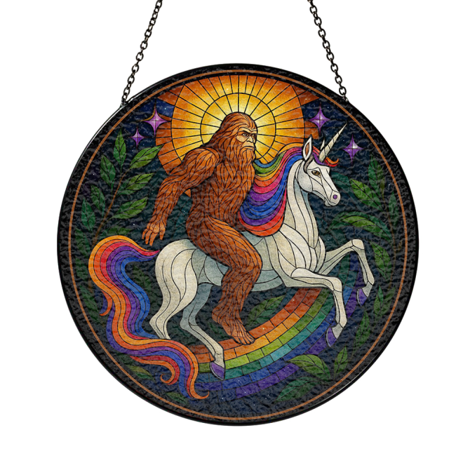 Magical Bigfoot & Unicorn Stained Glass Suncatcher - Fantasy Art Decor For Home Or Garden - Image 3