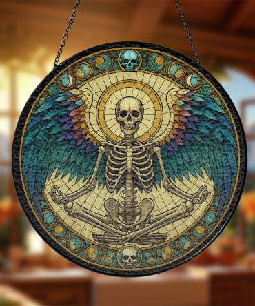 Stunning Stained Glass Skeleton Art With Wings - Unique Gothic Home Decor Piece