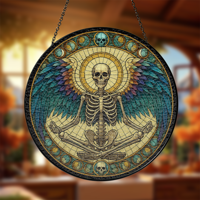 Stunning Stained Glass Skeleton Art With Wings - Unique Gothic Home Decor Piece