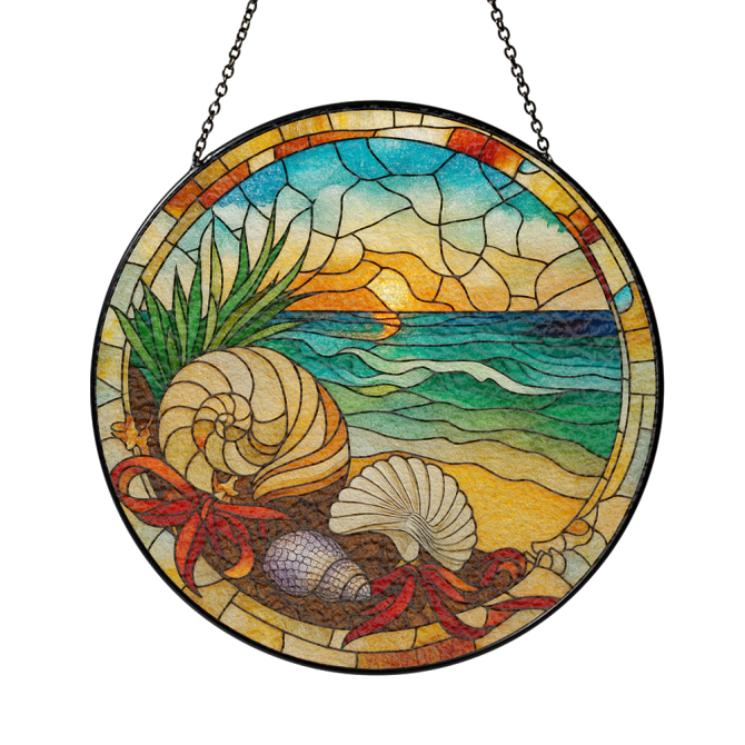Stunning Stained Glass Beach Scene Suncatcher - Nautical Shell Design For Home Decor - Image 3