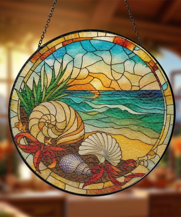 Stunning Stained Glass Beach Scene Suncatcher - Nautical Shell Design For Home Decor