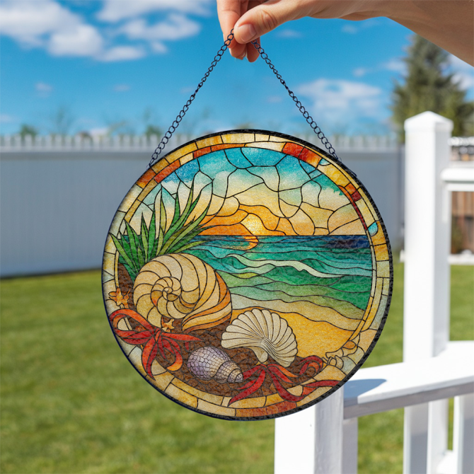Stunning Stained Glass Beach Scene Suncatcher - Nautical Shell Design For Home Decor - Image 2