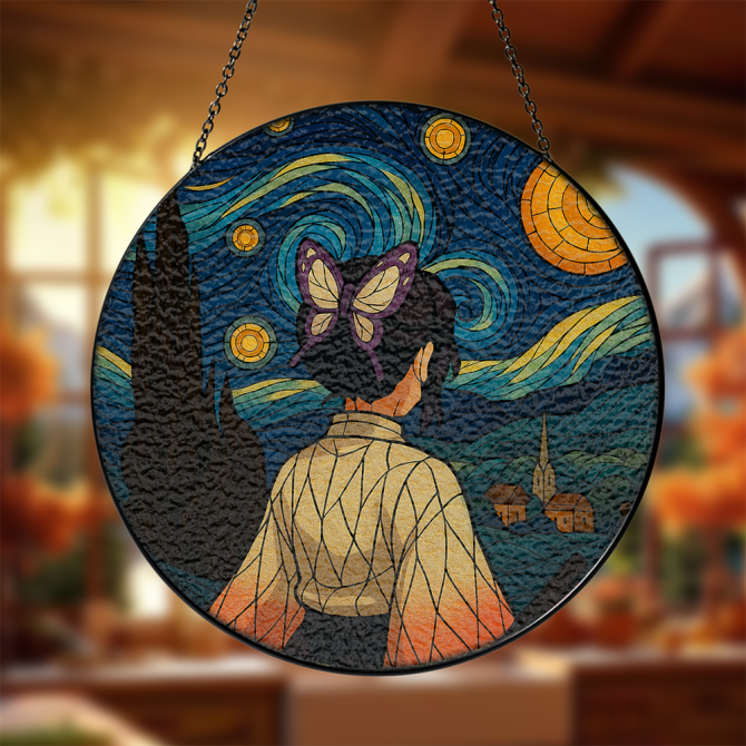 Shinobu Demon Slayer Starry Night Stained Glass Window Hanging Panel Suncatcher Decor