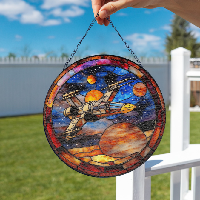 Stunning Space Fighter Stained Glass Art - Unique Galaxy Window Hanging Decor - Image 2