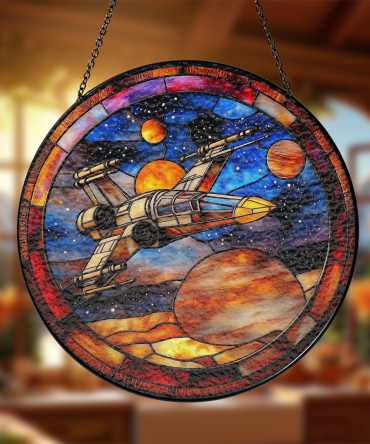 Stunning Space Fighter Stained Glass Art - Unique Galaxy Window Hanging Decor