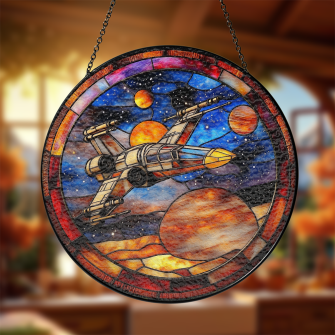 Stunning Space Fighter Stained Glass Art - Unique Galaxy Window Hanging Decor