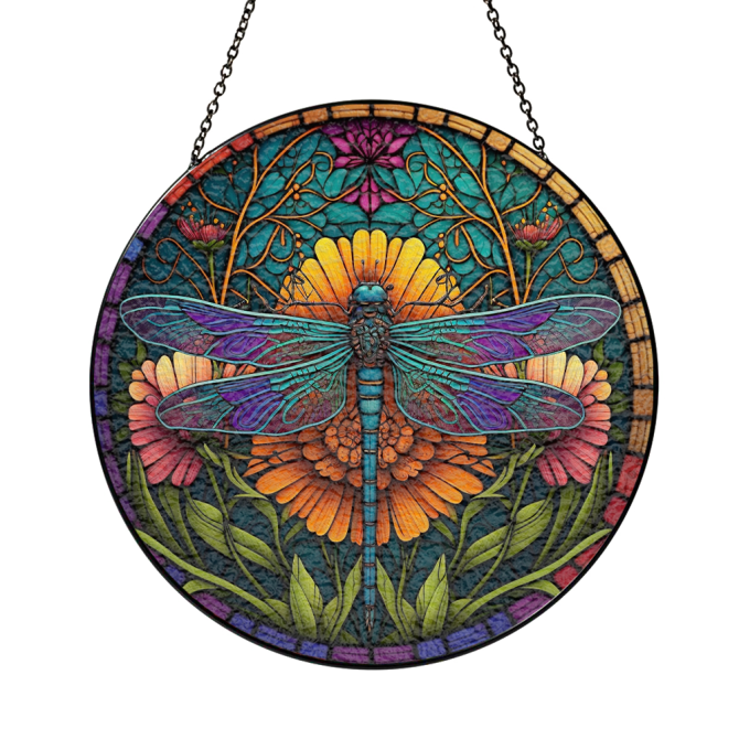 Vibrant Dragonfly Stained Glass Sun Catcher - Handcrafted Round Window Art Decor - Image 3
