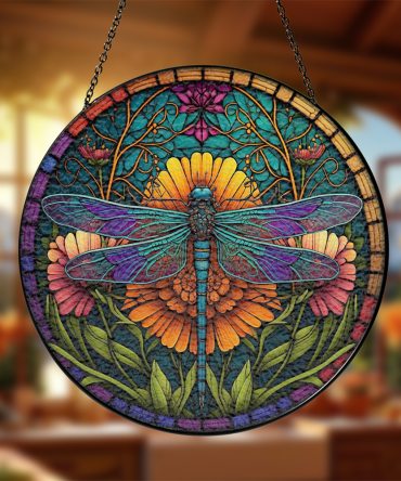 Vibrant Dragonfly Stained Glass Sun Catcher - Handcrafted Round Window Art Decor