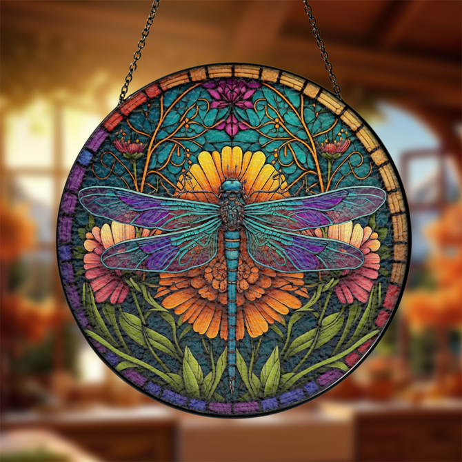 Vibrant Dragonfly Stained Glass Sun Catcher - Handcrafted Round Window Art Decor