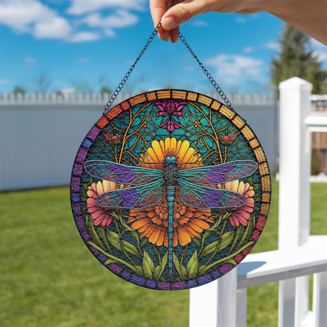 Vibrant Dragonfly Stained Glass Sun Catcher - Handcrafted Round Window Art Decor - Image 2